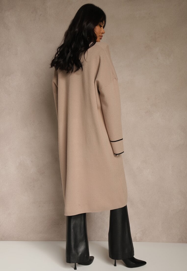 Beżowy Niezapinany Kardigan o Długim Kroju z Lamówką Venisse