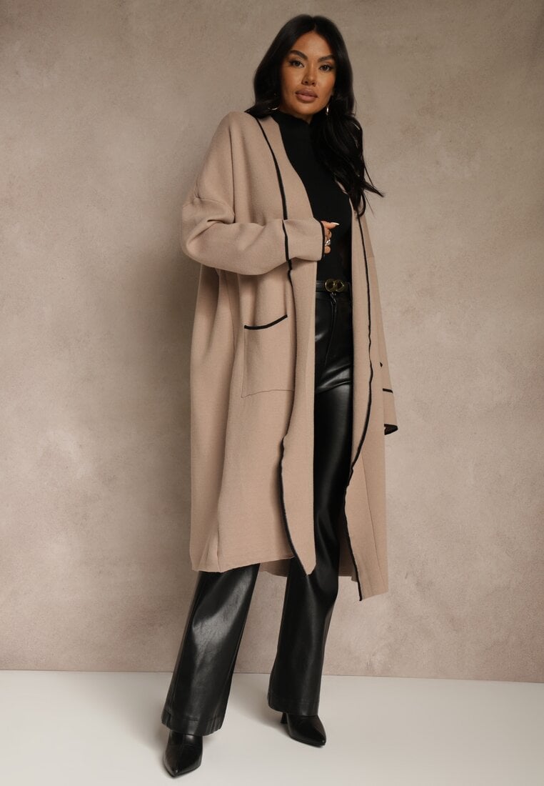 Beżowy Niezapinany Kardigan o Długim Kroju z Lamówką Venisse