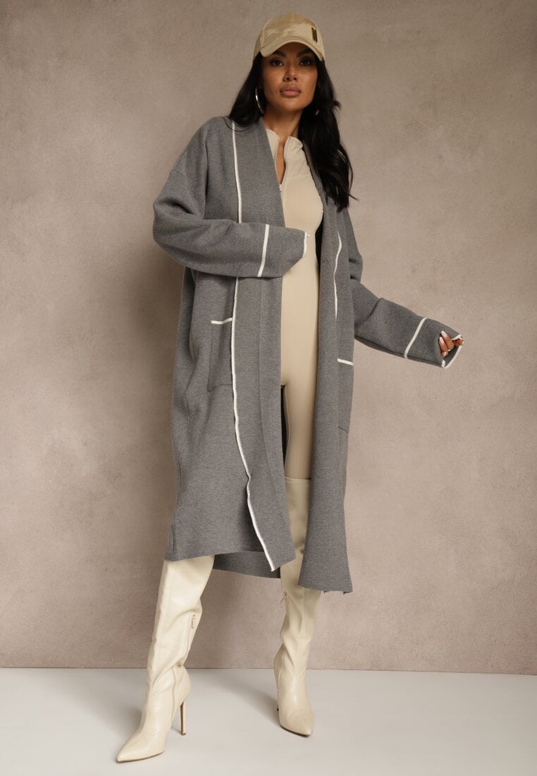 Szary Niezapinany Kardigan o Długim Kroju z Lamówką Venisse