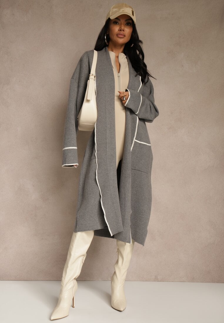 Szary Niezapinany Kardigan o Długim Kroju z Lamówką Venisse