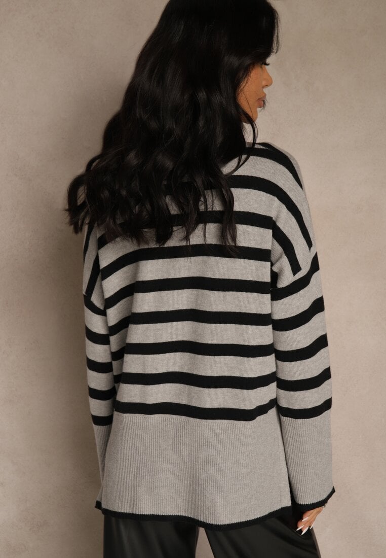 Szaro-Czarny Sweter Oversize w Paski Kalitusa