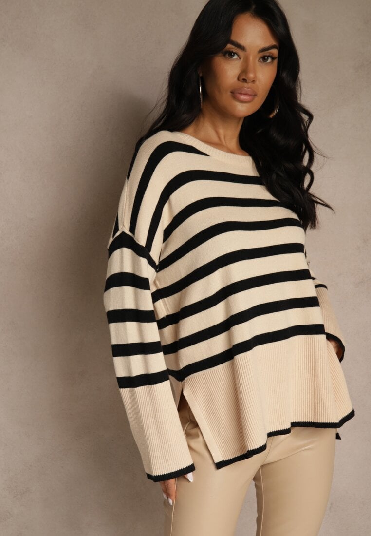 Kremowo-Czarny Sweter Oversize w Paski Kalitusa
