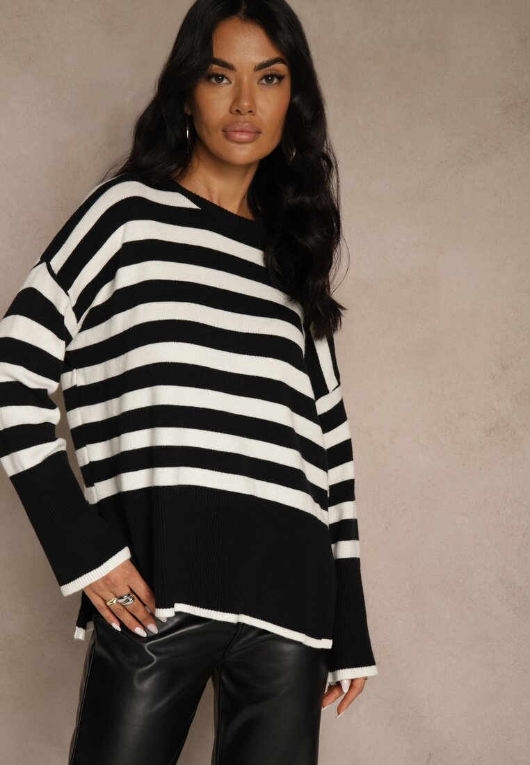 Czarno-Biały Sweter Oversize w Paski Kalitusa
