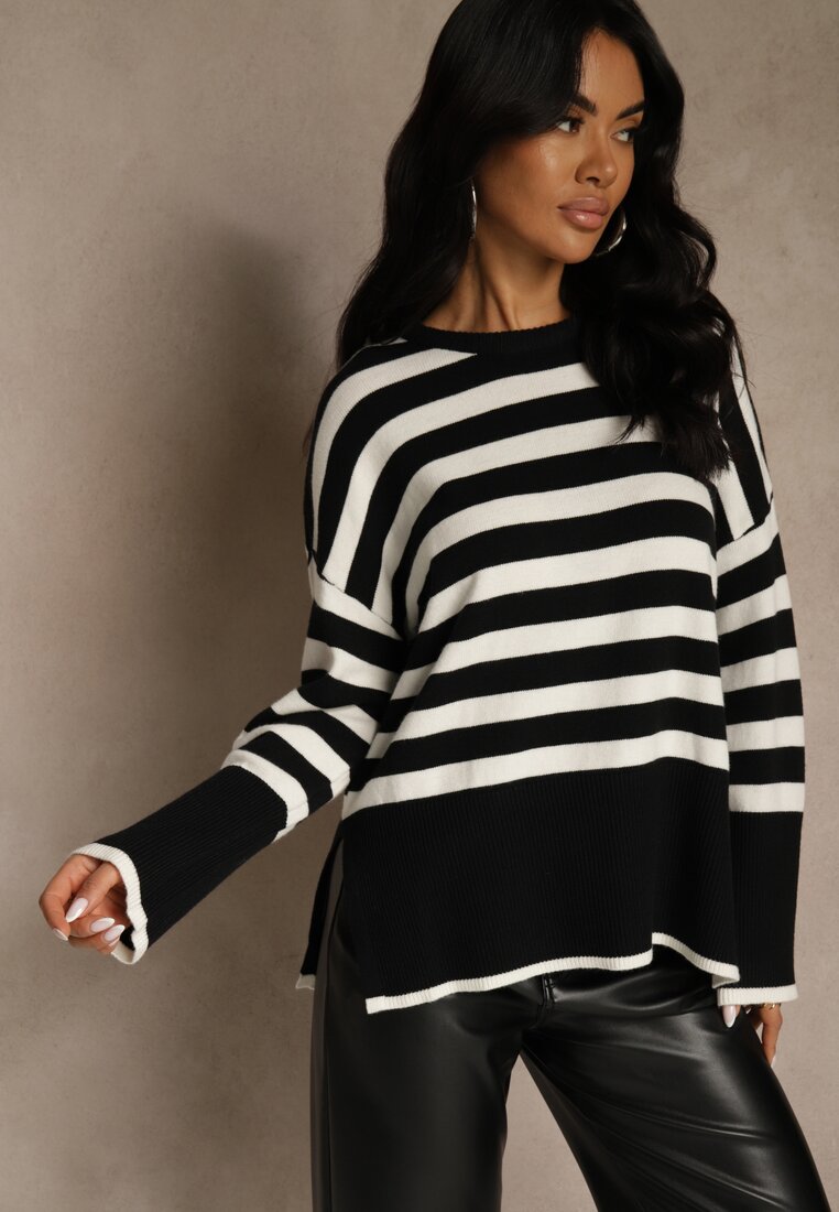 Czarno-Biały Sweter Oversize w Paski Kalitusa