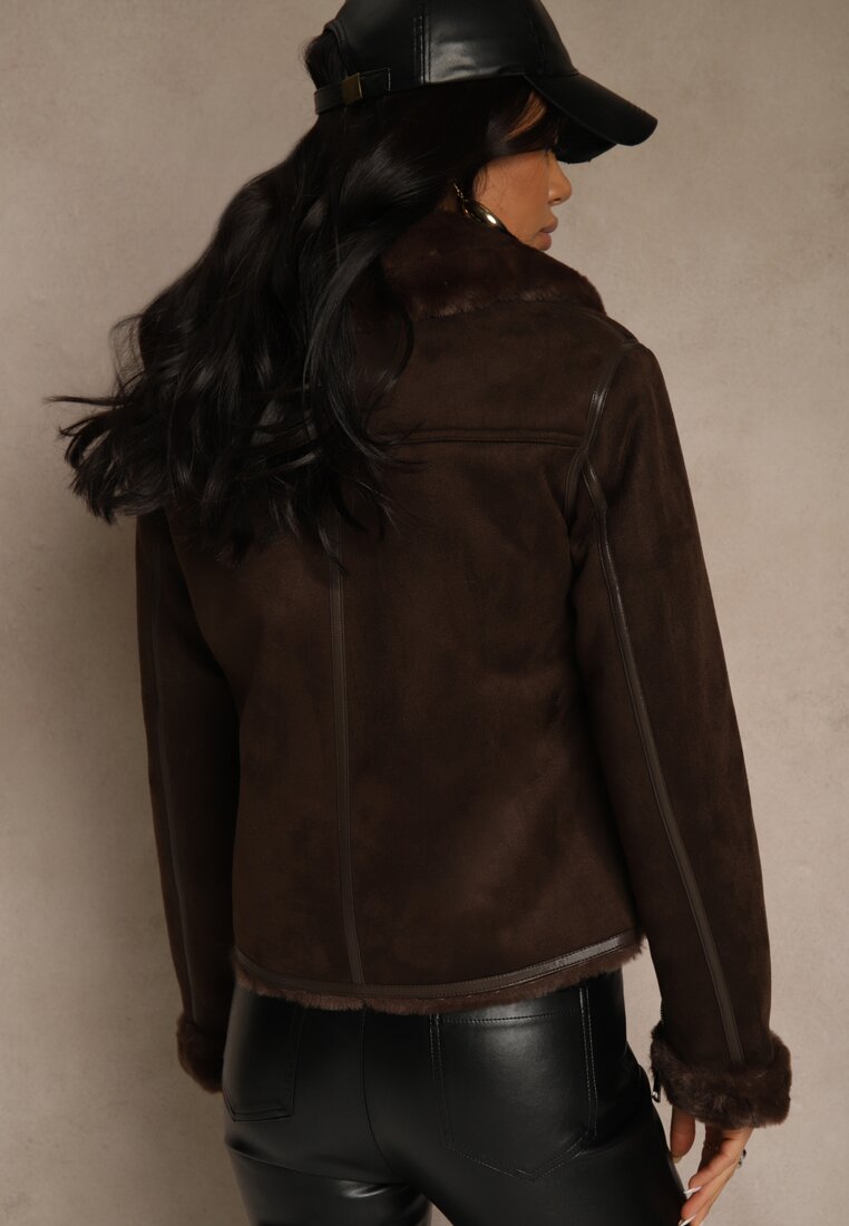 Brązowa Kurtka Biker z Imitacji Zamszu Zdobiona Futerkiem Awedora