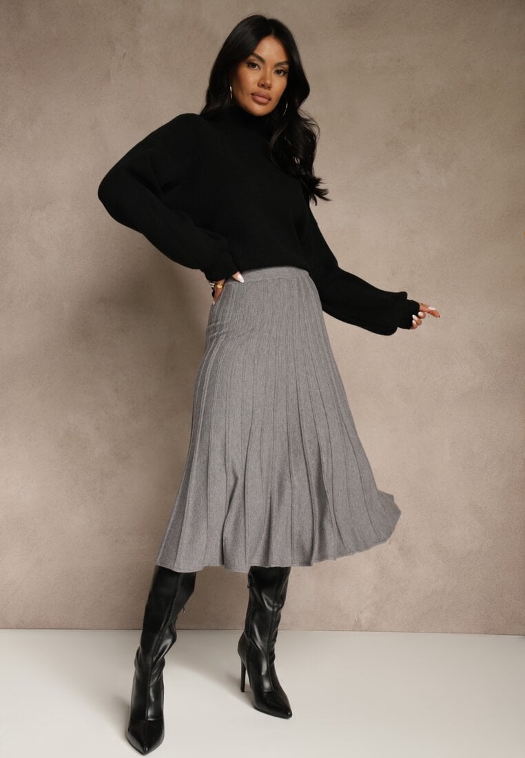 Szara Dzianinowa Spódnica Plisowana o Rozkloszowanym Kroju Tuswia