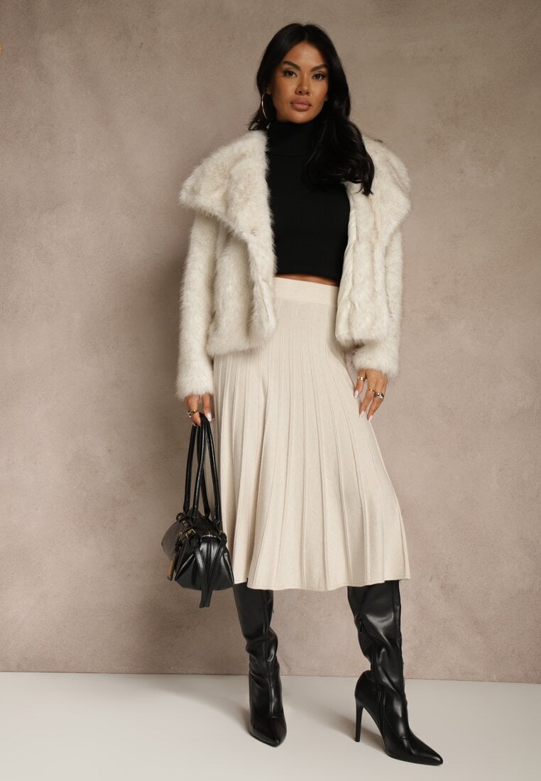 Beżowa Dzianinowa Spódnica Plisowana o Rozkloszowanym Kroju Tuswia