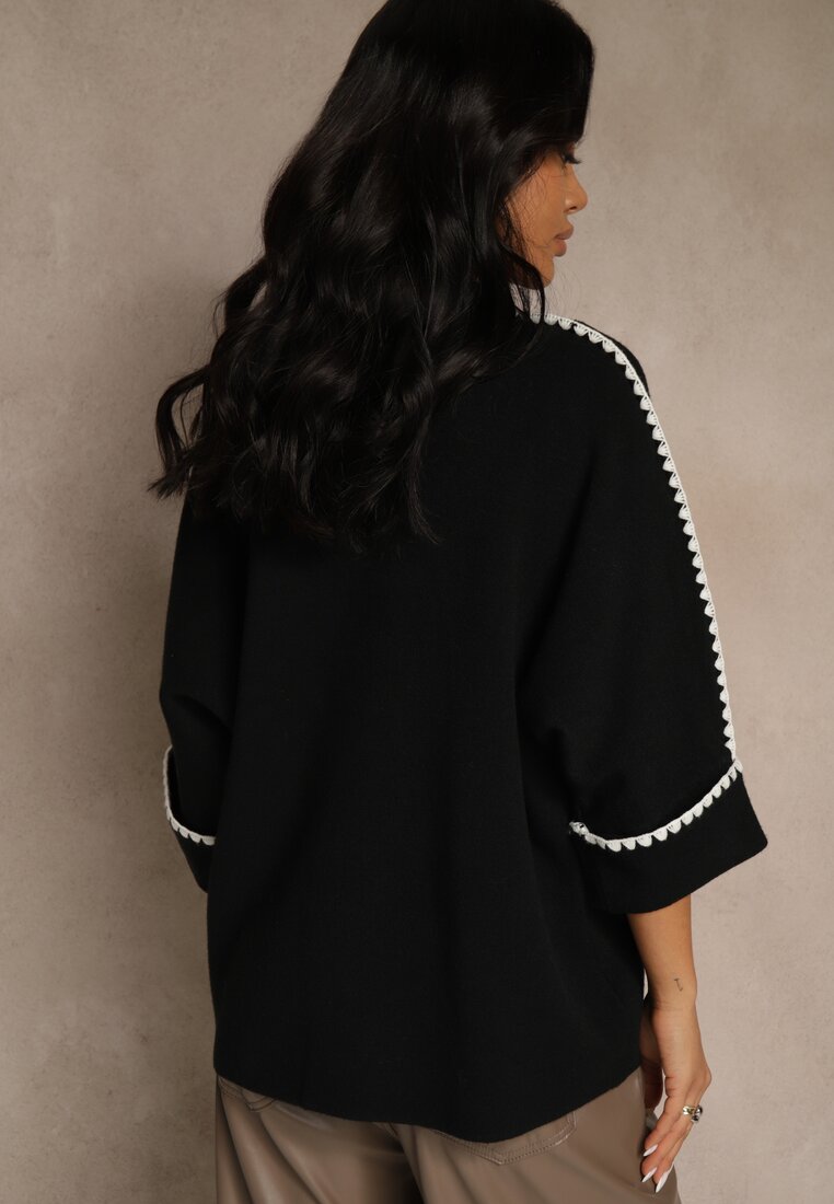 Czarny Sweter Ozdobiony Lamówką na Rękawach Tusenna