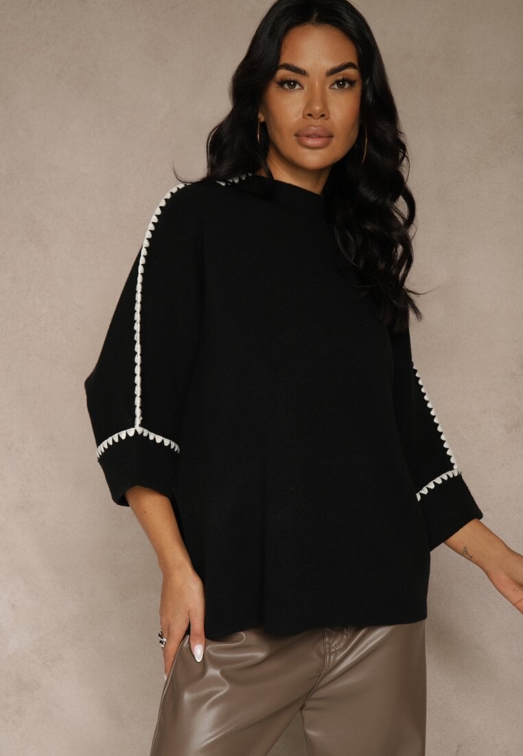 Czarny Sweter Ozdobiony Lamówką na Rękawach Tusenna