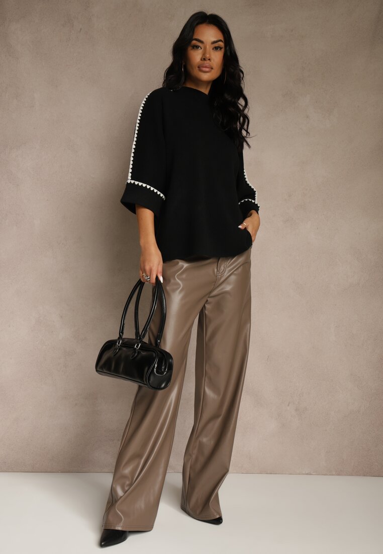 Czarny Sweter Ozdobiony Lamówką na Rękawach Tusenna