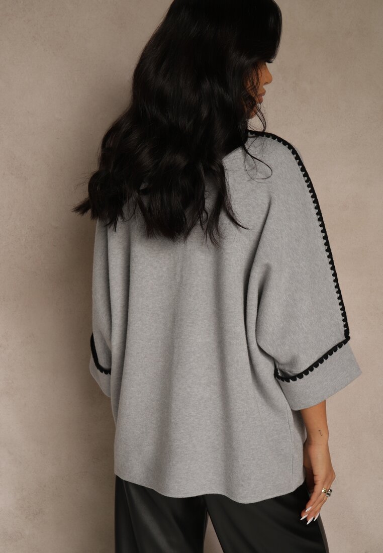 Szary Sweter Ozdobiony Lamówką na Rękawach Tusenna