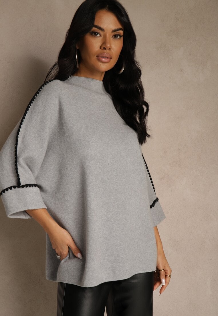 Szary Sweter Ozdobiony Lamówką na Rękawach Tusenna