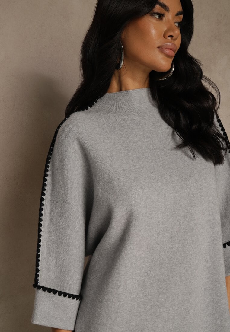 Szary Sweter Ozdobiony Lamówką na Rękawach Tusenna