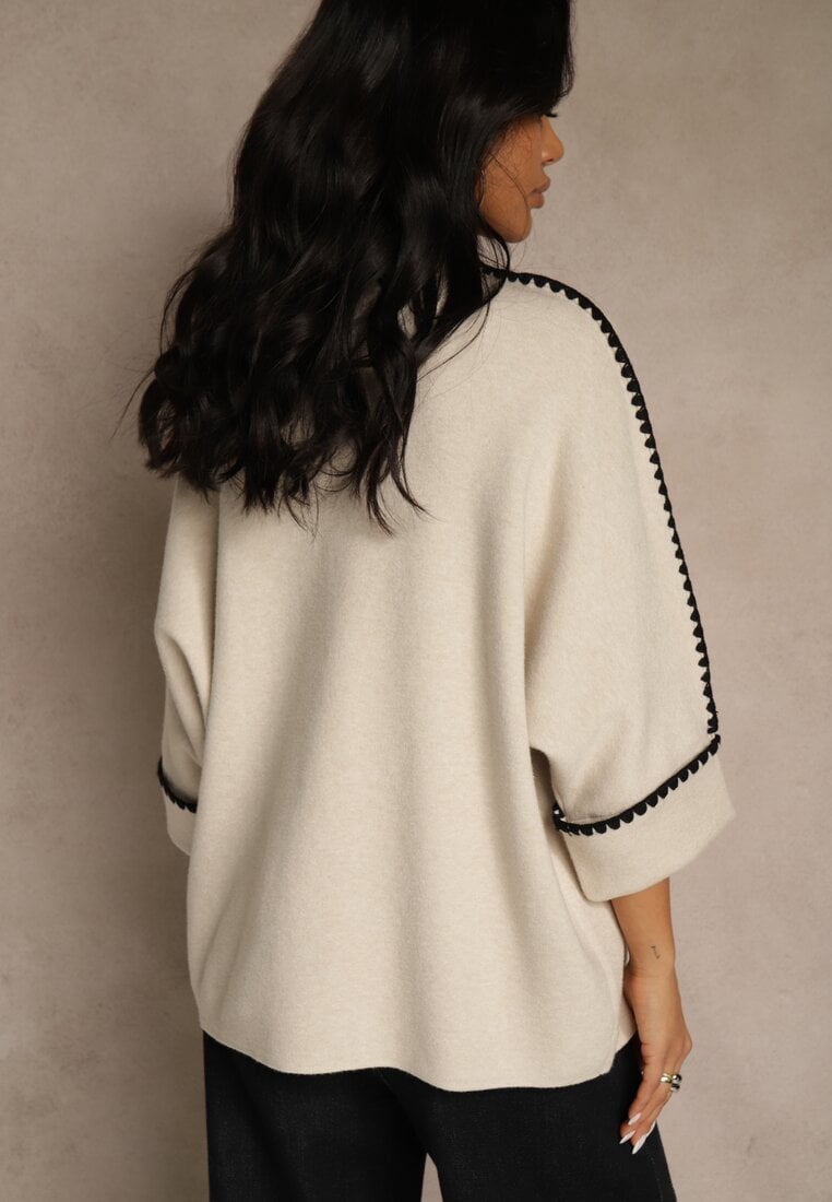 Beżowy Sweter Ozdobiony Lamówką na Rękawach Tusenna