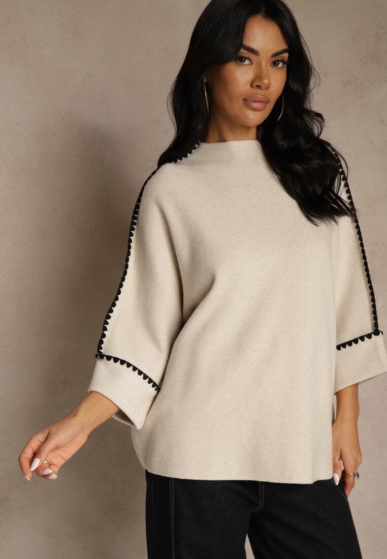 Beżowy Sweter Ozdobiony Lamówką na Rękawach Tusenna