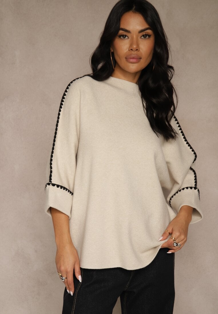 Beżowy Sweter Ozdobiony Lamówką na Rękawach Tusenna