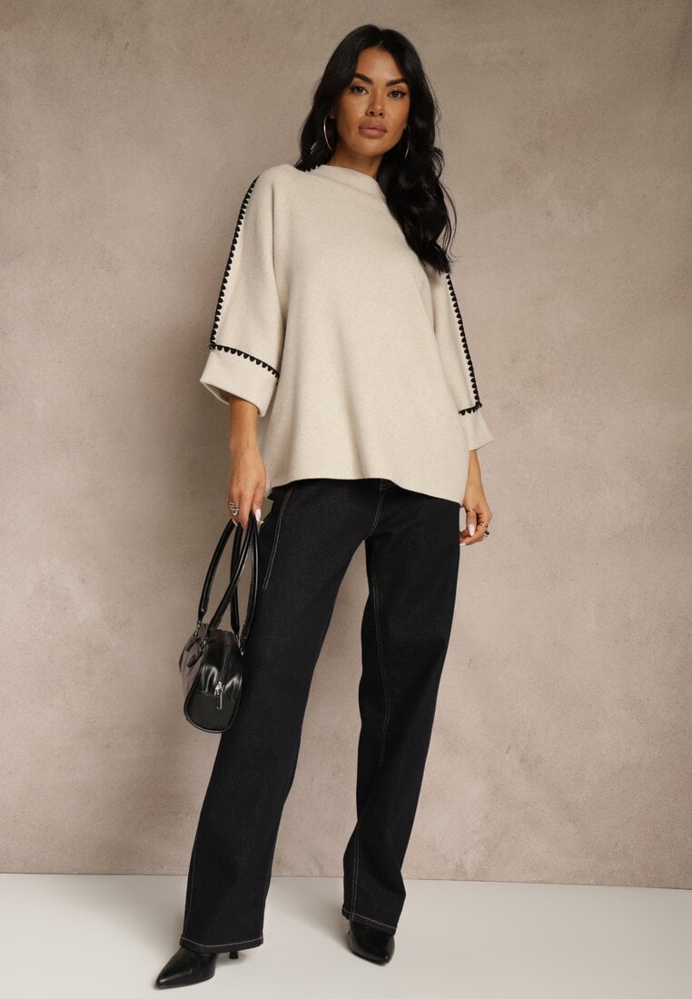 Beżowy Sweter Ozdobiony Lamówką na Rękawach Tusenna