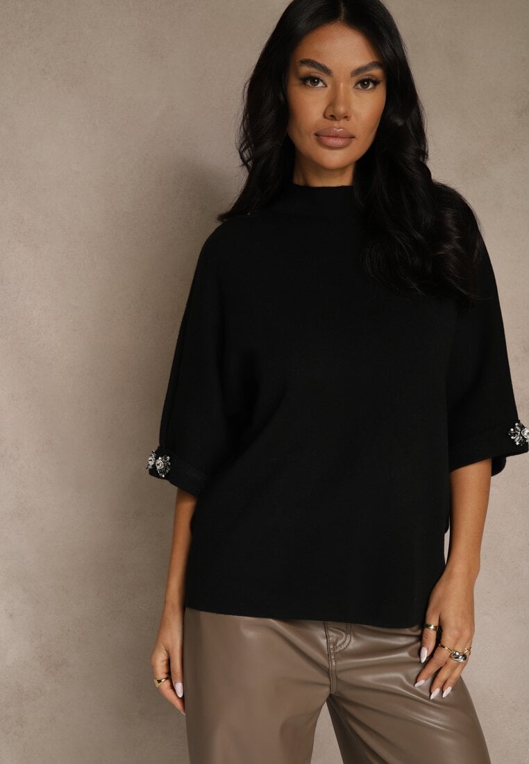 Czarny Sweter z Cyrkoniami przy Rękawach Corentusa