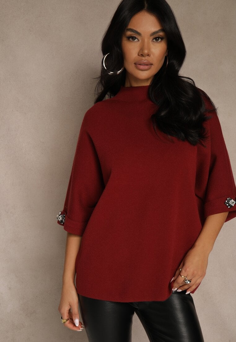 Bordowy Sweter z Cyrkoniami przy Rękawach Corentusa