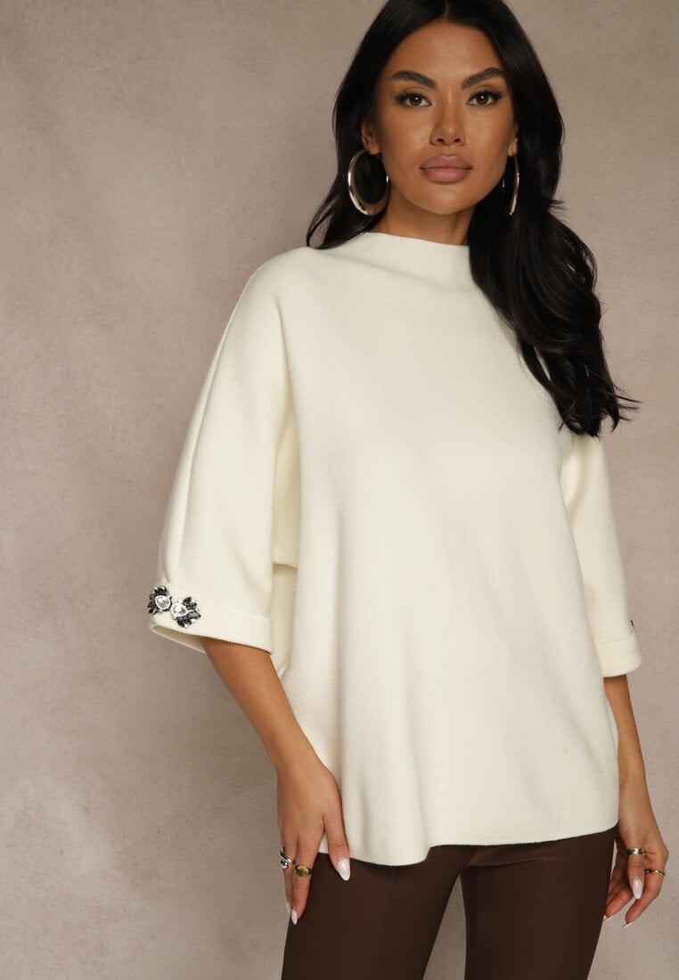 Jasnobeżowy Sweter z Cyrkoniami przy Rękawach Corentusa