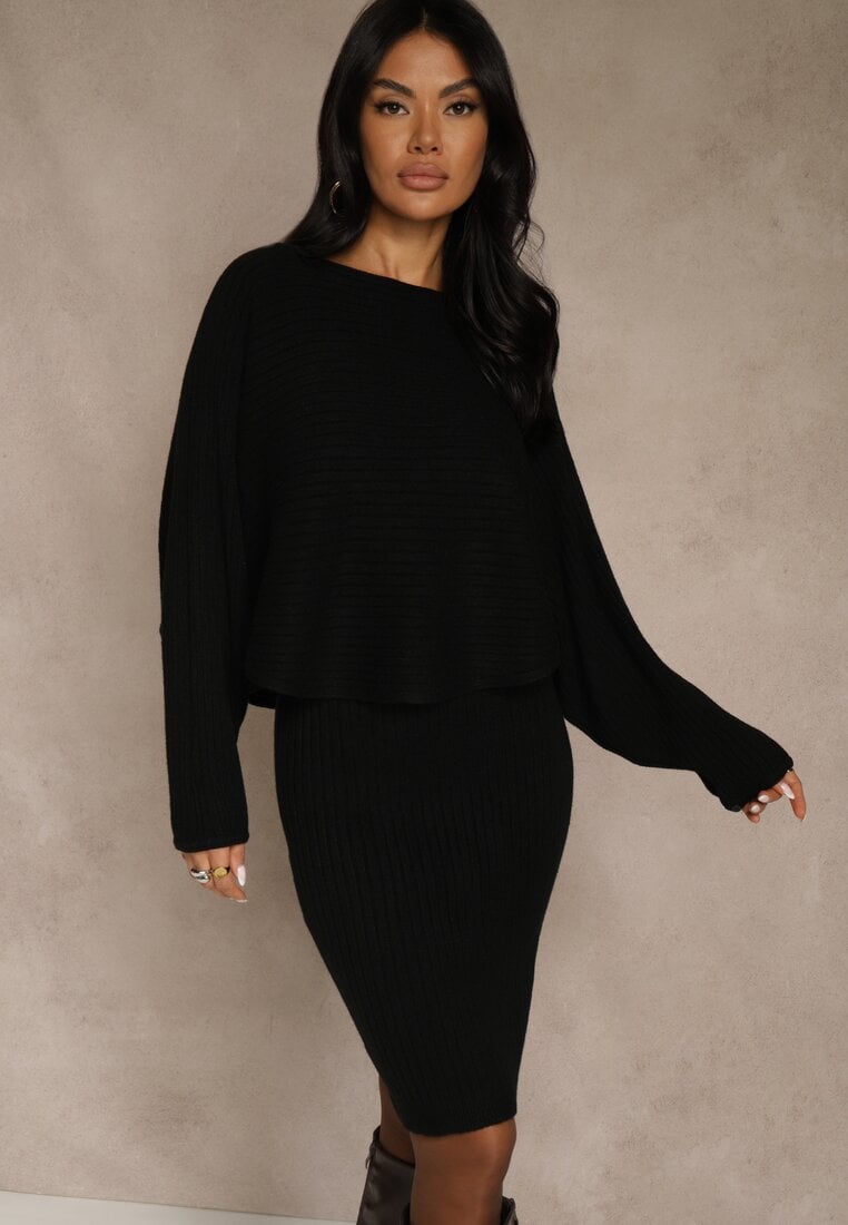 Czarny Prążkowany Komplet z Dzianiny Sukienka Bodycon i Sweter Nietoperz Wediana
