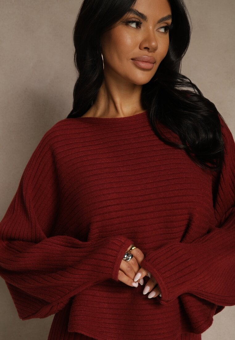 Bordowy Prążkowany Komplet z Dzianiny Sukienka Bodycon i Sweter Nietoperz Wediana