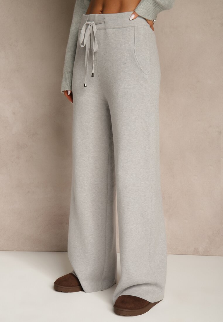 Szare Szerokie Spodnie Dzianinowe Ozdobione Sznurkami Meretusa