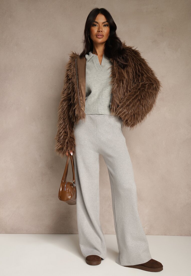 Szare Szerokie Spodnie Dzianinowe Ozdobione Sznurkami Meretusa