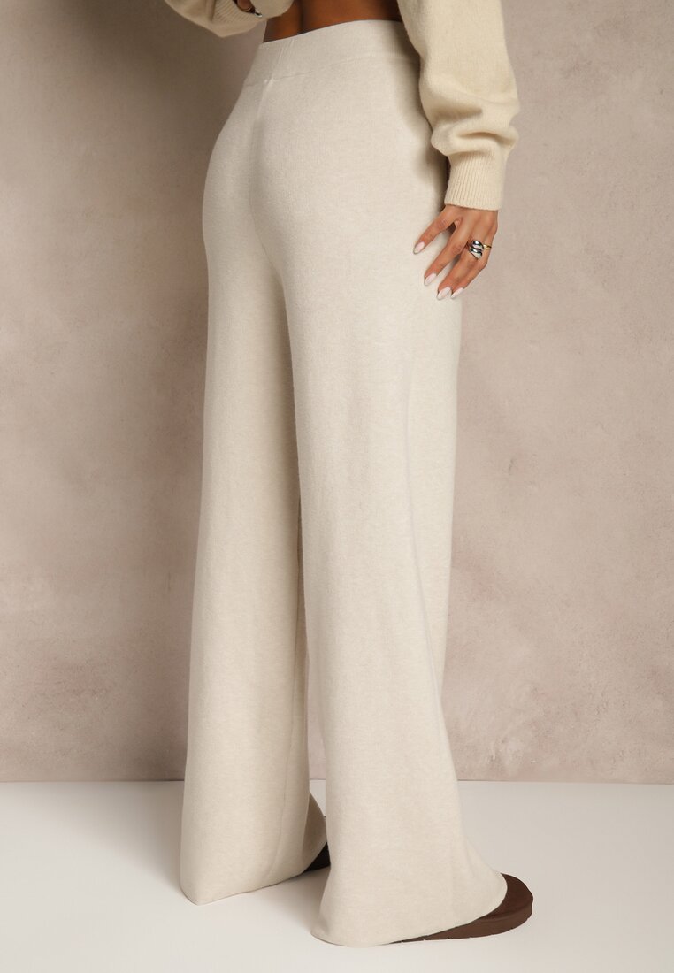 Jasnobeżowe Szerokie Spodnie Dzianinowe Ozdobione Sznurkami Meretusa