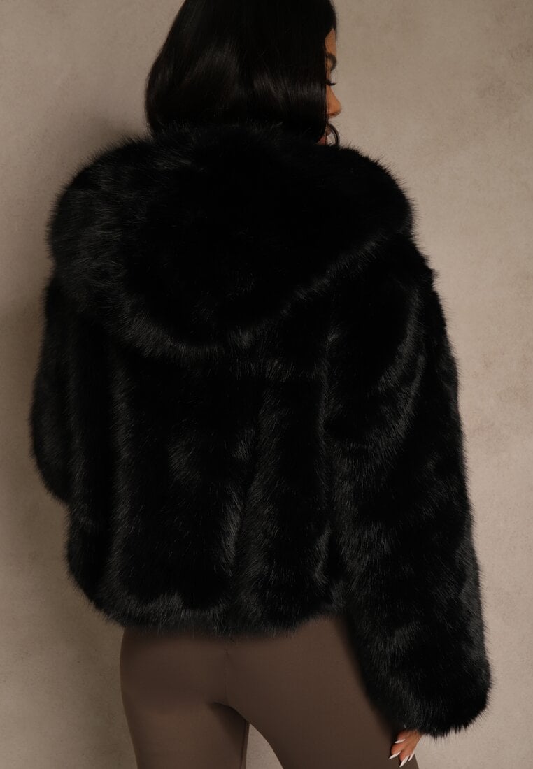 Czarna Kurtka Futro z Nieodpinanym Kapturem Zetera