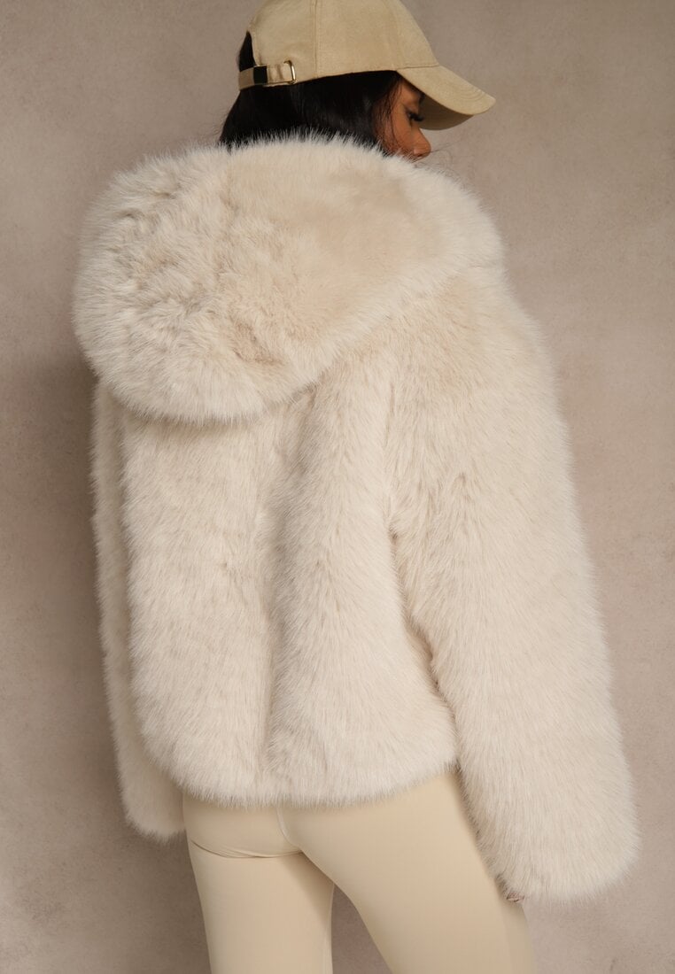 Beżowa Kurtka Futro z Nieodpinanym Kapturem Zetera