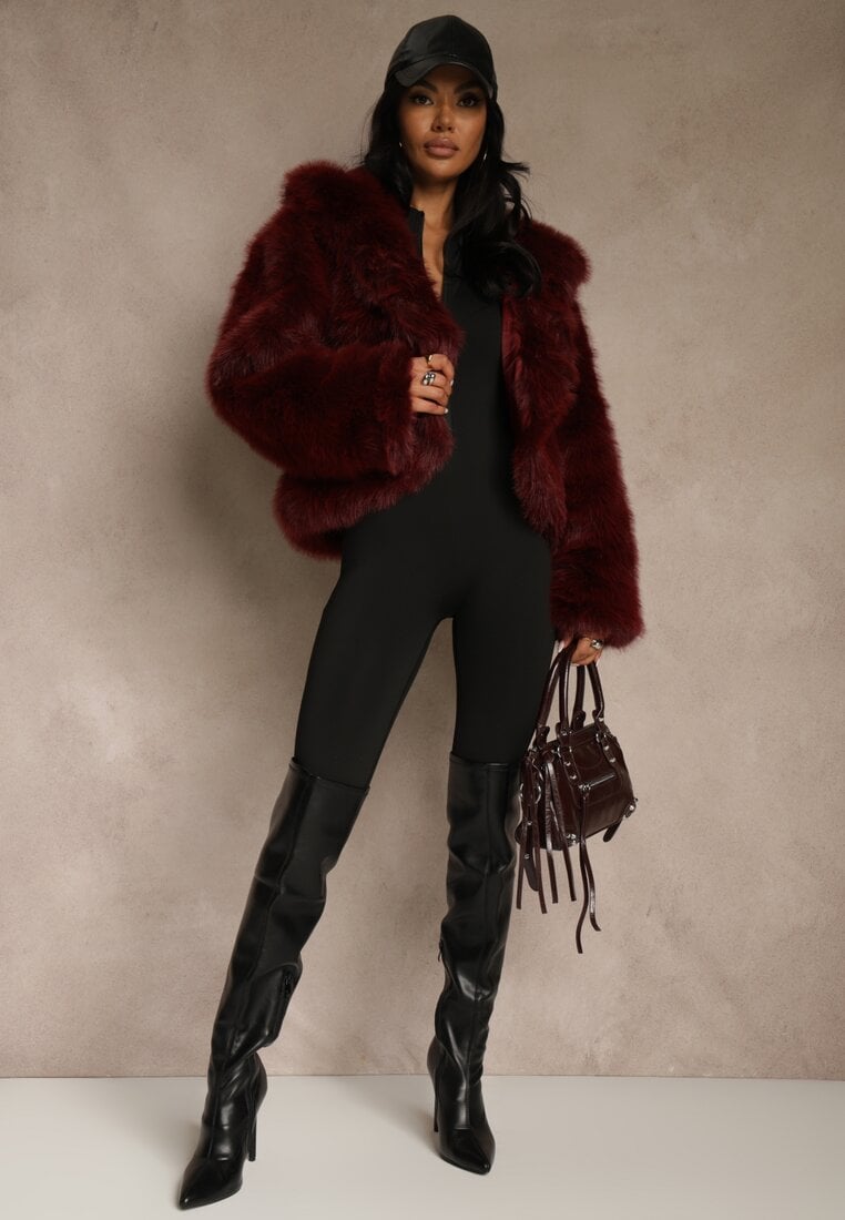 Bordowa Kurtka Futro z Nieodpinanym Kapturem Zetera