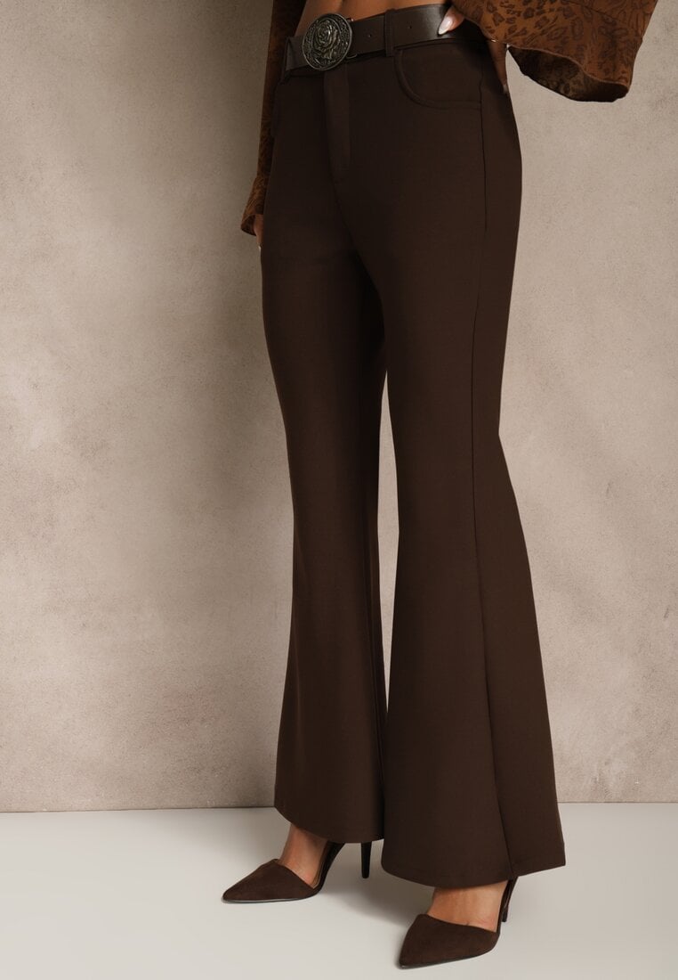 Brązowe Spodnie Flare z Wiskozy i Bawełny z Paskiem w Kowbojskim Stylu Tusiera