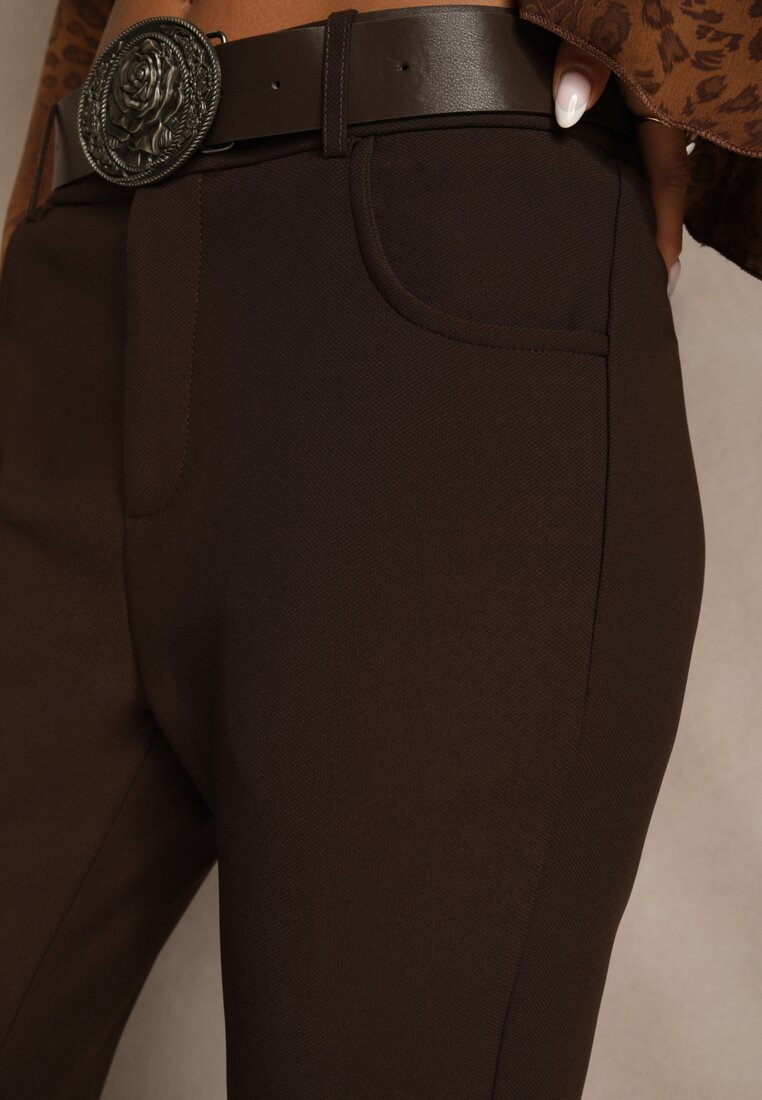 Brązowe Spodnie Flare z Wiskozy i Bawełny z Paskiem w Kowbojskim Stylu Tusiera