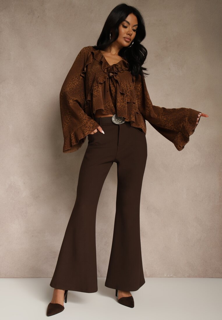 Brązowe Spodnie Flare z Wiskozy i Bawełny z Paskiem w Kowbojskim Stylu Tusiera