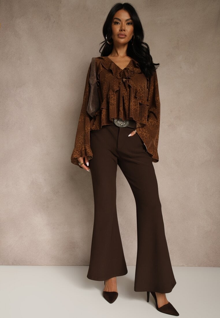 Brązowe Spodnie Flare z Wiskozy i Bawełny z Paskiem w Kowbojskim Stylu Tusiera