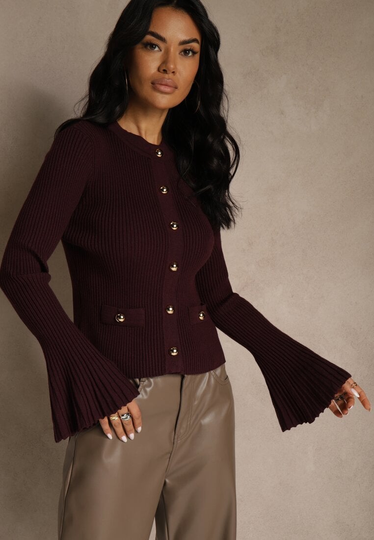 Bordowy Elegancki Prążkowany Kardigan z Wiskozą Guzikami i Rozszerzanymi Rękawami Otila