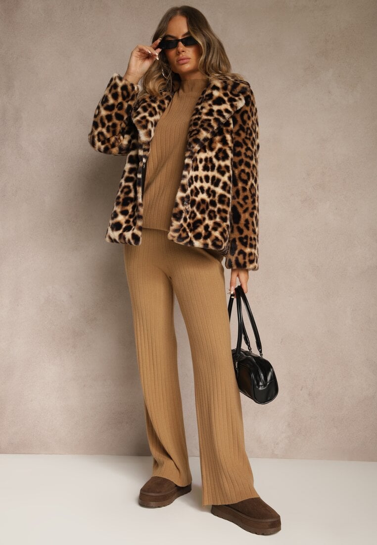 Brązowy Komplet Prążkowany z Bawełną Sweter Oversize i Szerokie Spodnie Wedorena