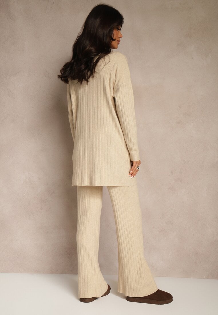 Beżowy Komplet Prążkowany z Bawełną Sweter Oversize i Szerokie Spodnie Wedorena