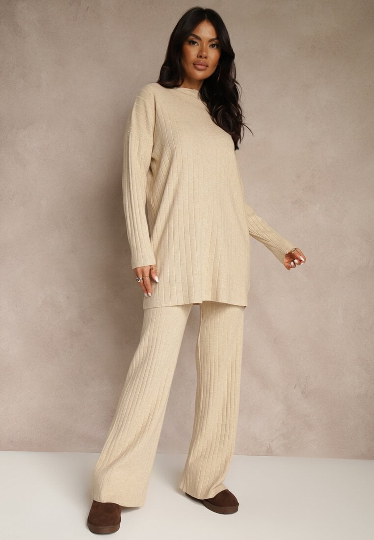 Beżowy Komplet Prążkowany z Bawełną Sweter Oversize i Szerokie Spodnie Wedorena