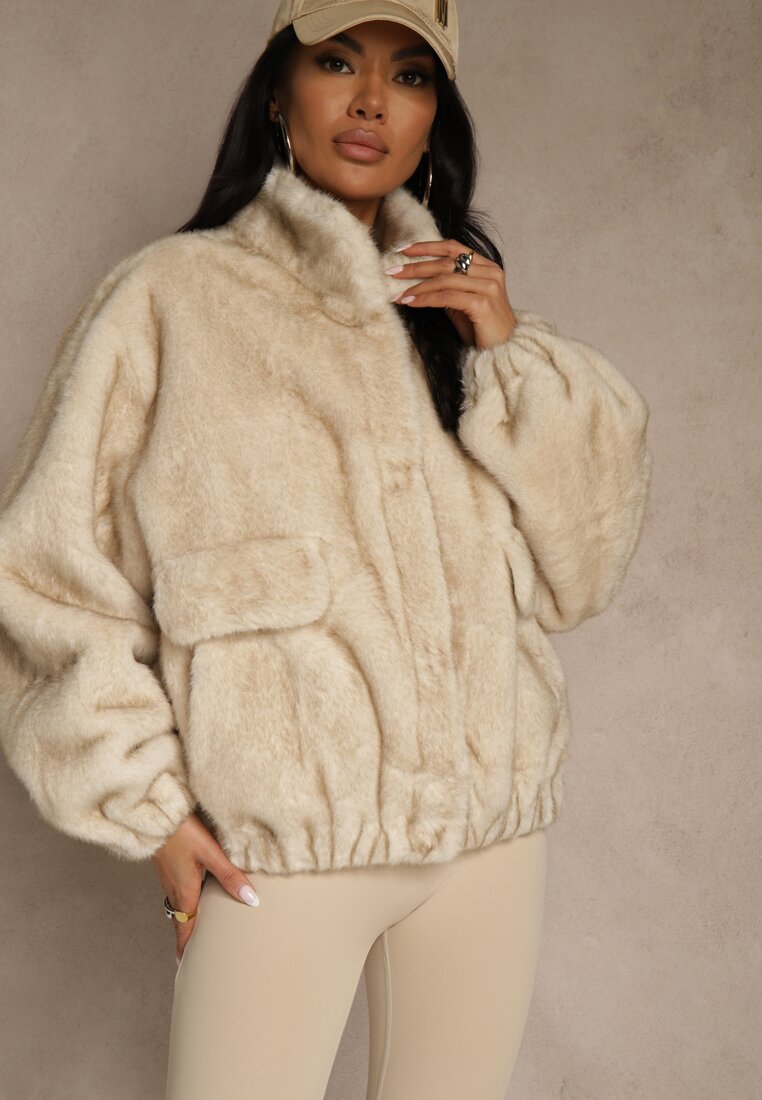 Beżowa Futrzana Kurtka Bomberka z Kieszeniami Tiwedela