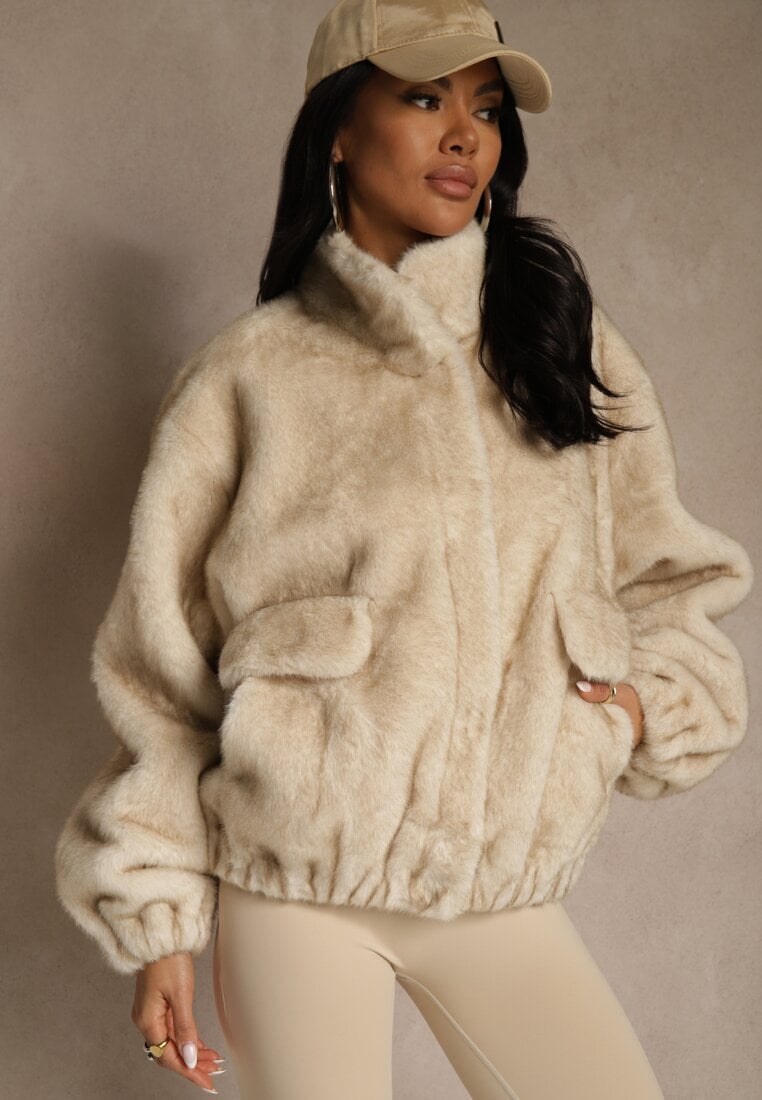 Beżowa Futrzana Kurtka Bomberka z Kieszeniami Tiwedela