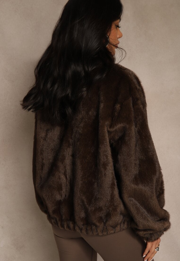 Brązowa Futrzana Kurtka Bomberka z Kieszeniami Tiwedela