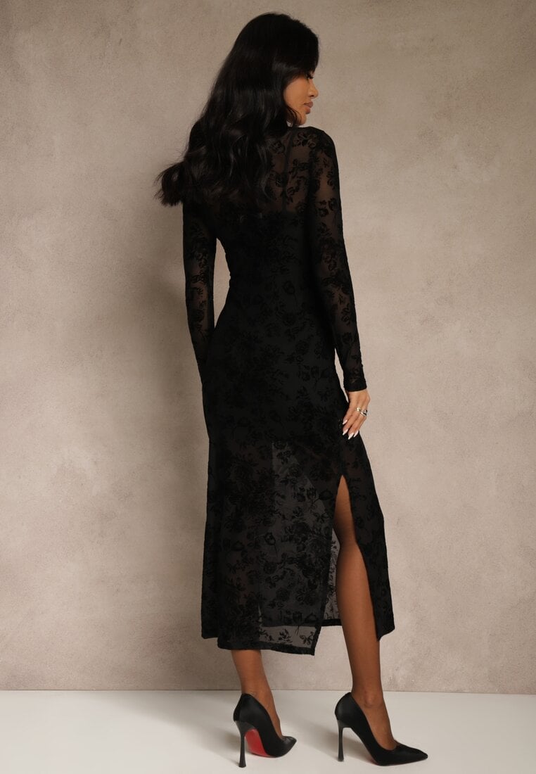 Czarna Sukienka z Domieszką Wiskozy Ozdobiona Welurowym Nadrukiem Vetionne