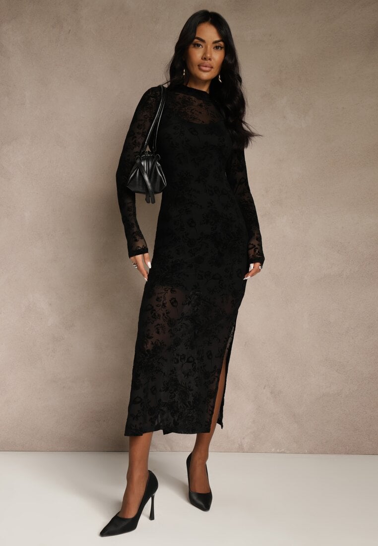 Czarna Sukienka z Domieszką Wiskozy Ozdobiona Welurowym Nadrukiem Vetionne