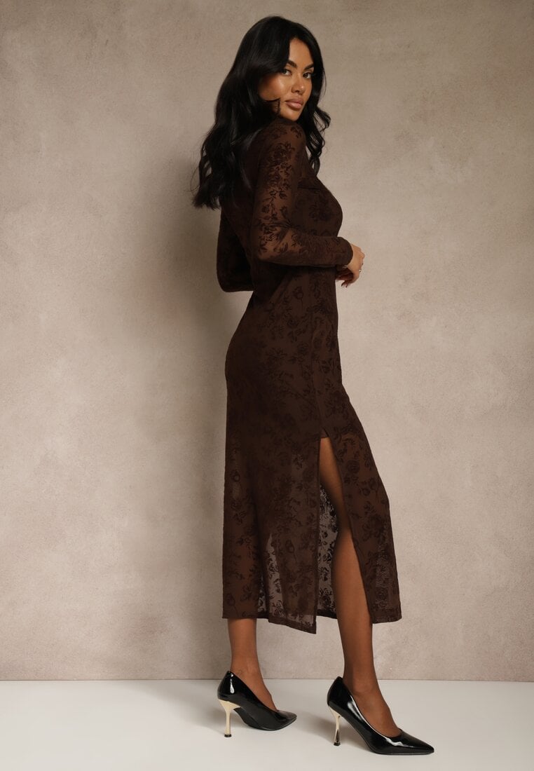 Brązowa Sukienka z Domieszką Wiskozy Ozdobiona Welurowym Nadrukiem Vetionne