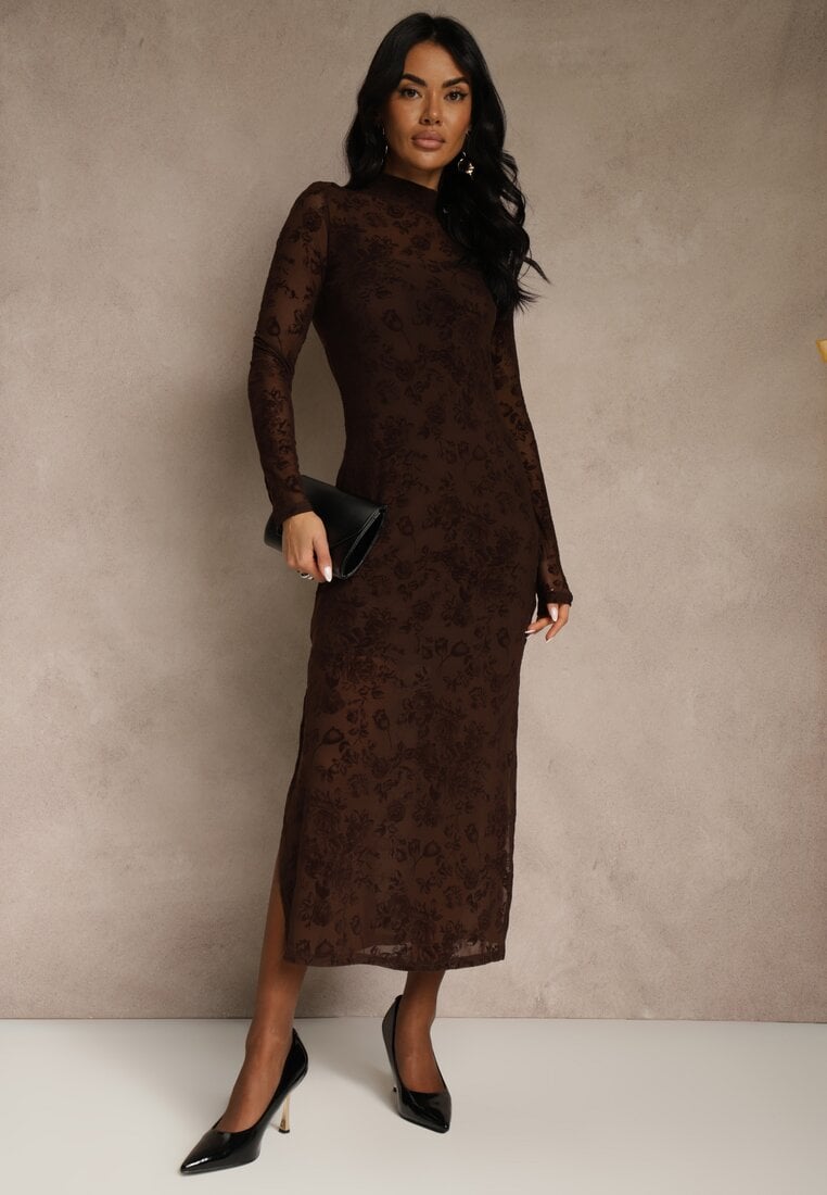 Brązowa Sukienka z Domieszką Wiskozy Ozdobiona Welurowym Nadrukiem Vetionne