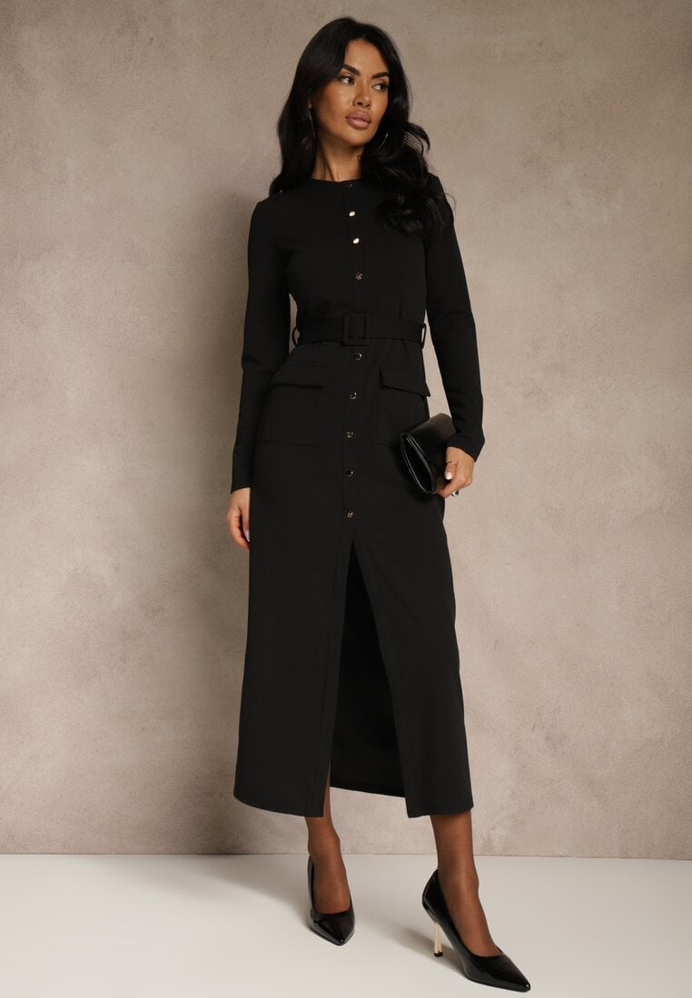 Czarna Koszulowa Sukienka z Wiskozą Ozdobiona Paskiem i Guzikami Vetionna