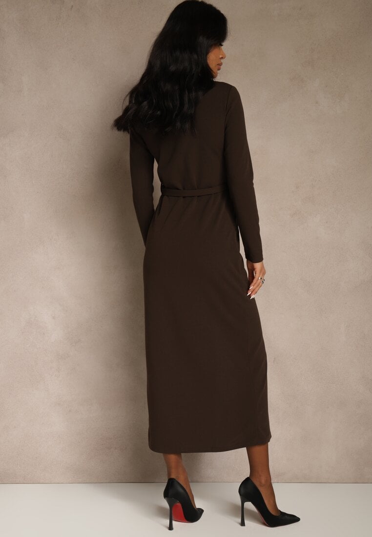 Brązowa Koszulowa Sukienka z Wiskozą Ozdobiona Paskiem i Guzikami Vetionna