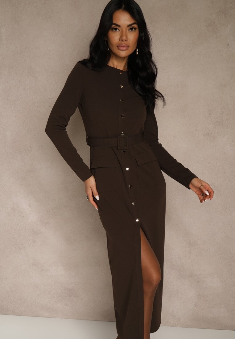 Brązowa Koszulowa Sukienka z Wiskozą Ozdobiona Paskiem i Guzikami Vetionna